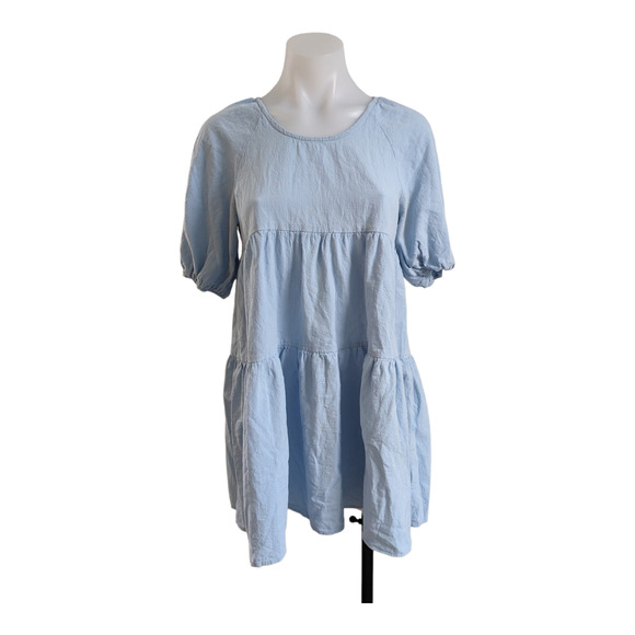 Amorini Size XS Baby Doll Tiered Shift Dress Light Blue Cotton Short Sleeves - Picture 1 of 14